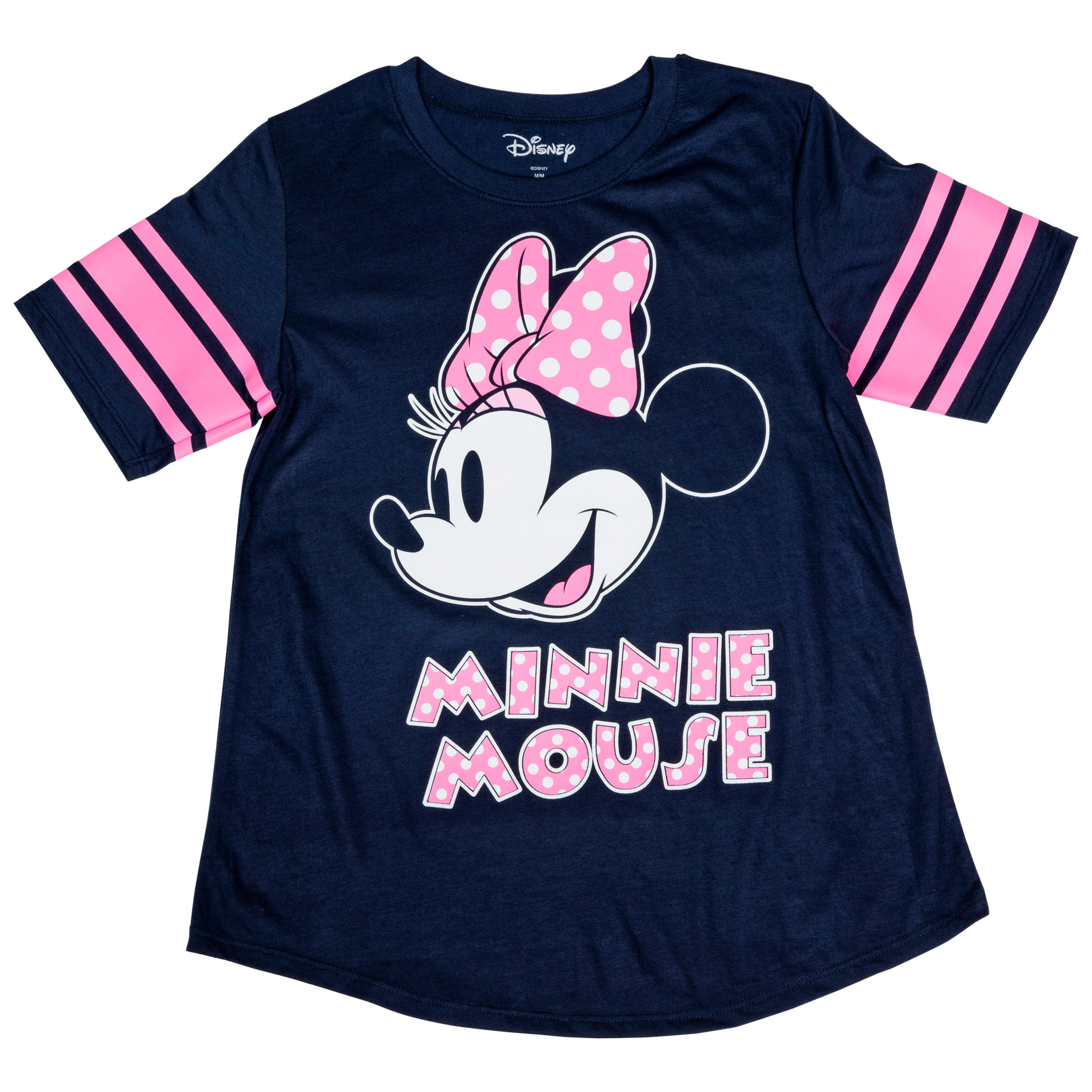 Disney Minnie Mouse Pink Polka Dot Women's Striped Football T-Shirt Blue